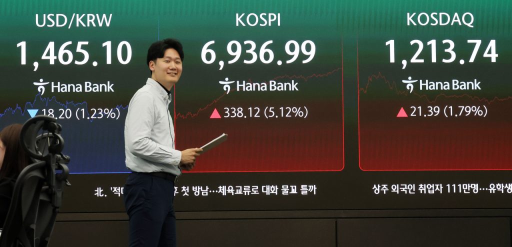 Seoul Stocks Spike Over 5%, Nearing 7,000 on Chip Rally; Won Strengthens